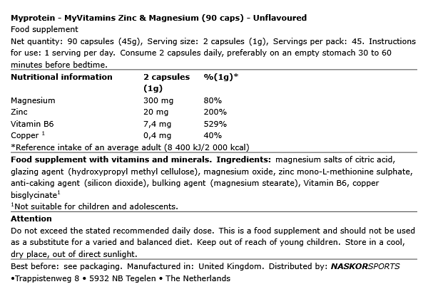 Zinc et Magnesium 90 gélules My Protein