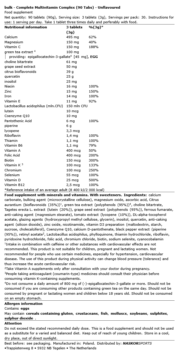 Multivitamines 90 Capsules Bulk