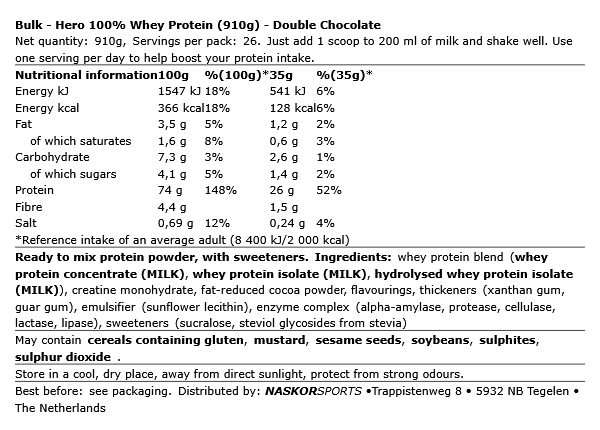Hero 100% Whey Protein Chocolat - 910g Bulk
