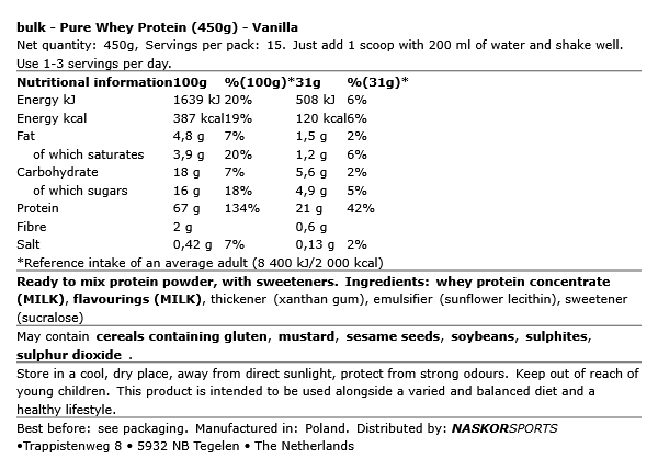 Pure Whey Protein Vanille 450g Bulk